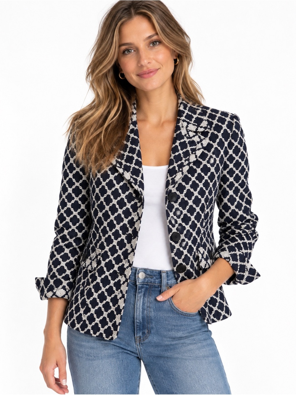 Talbots Navy White Geometric Jacquard Blazer Jacket Size 8 Cotton